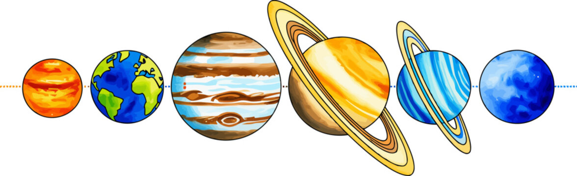 Watercolor illustration of solar system planets in a row on white background space