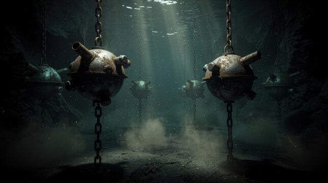 Underwater sea mines hanging by chains in a dark, murky ocean environment with light filtering from above.