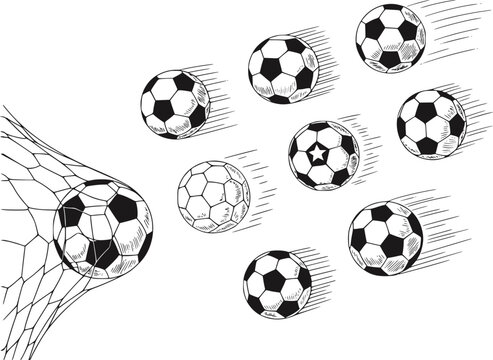 1つのサッカーボールがゴールを決め、他の多くのボールがネットに向かって飛ぶ