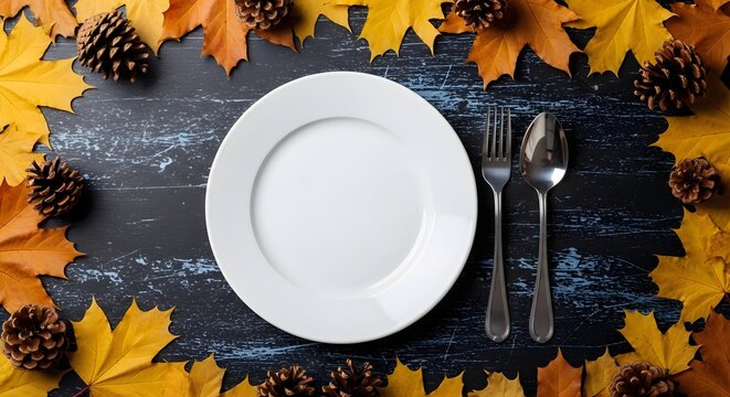 Thanksgiving or autumn dinner table setting with empty plate