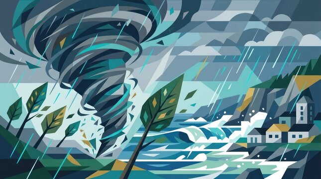 Stylized illustration of a powerful tornado hitting a coastal village during a storm.