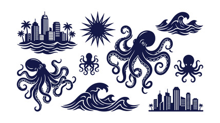 Nautical marine vector set, deep blue ocean octopus and sea waves, tropical island cityscape silhouette, sun graphic elements for summer designs, travel, and coastal themes. © Abida