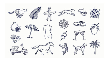 Summer vacation hand-drawn vector icon set, holiday travel and leisure activity illustrations, beach and tropical destination themed graphic resources © Abida