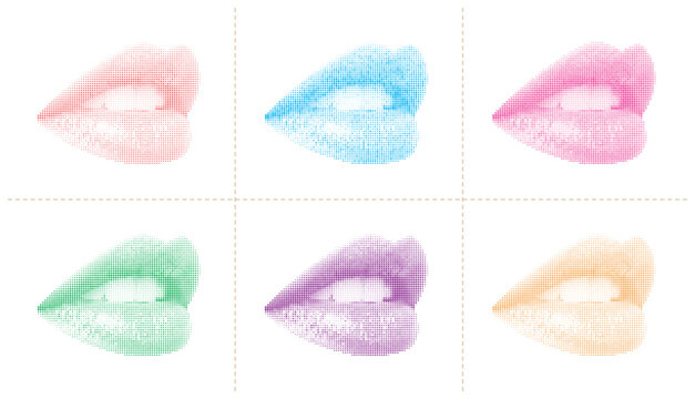 Open mouth halftone lip prints in various colorful shades for vector illustration.