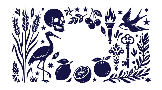 Dark blue vector frame with mystical symbols, a decorative border of occult elements, and nature motifs. Esoteric illustration for spiritual designs, tattoo art, or vintage-inspired branding.