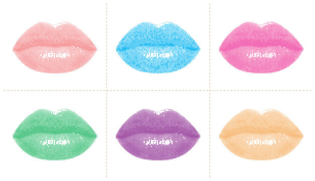 Stylized lip shapes vector illustration with white highlight detail in six colors.