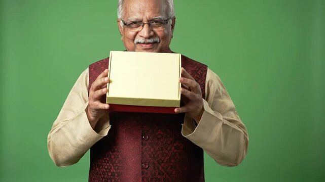 Elderly South Asian Man in Beige Kurta Pajama Joyfully Holding a Gift Box Against a Vibrant Green Background