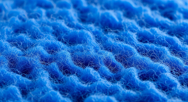 Macro shot of an abstract blue fiber texture with wavy patterns on a synthetic cloth material