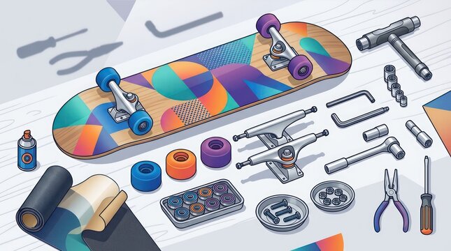 Skateboard assembly kit with colorful deck and various mechanical tools.