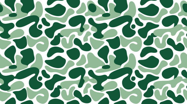 Seamless camouflage pattern with forest green and light sage organic shapes on white ground.