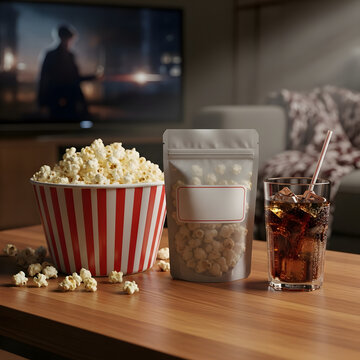 Snack pouch packaging mockup displayed beside popcorn bowl and soda glass for movie night snack scene