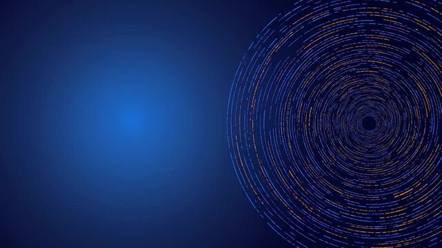 Abstract blue digital vortex with rotating light trails on dark background