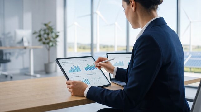 Businesswoman analyzing renewable energy data charts on tablet in modern office with wind turbines view, sustainability report, green technology concept