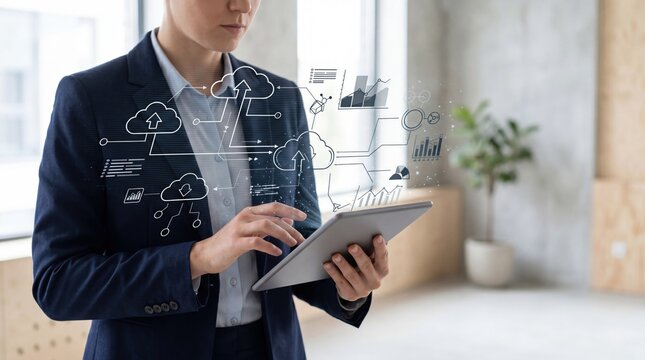 Professional woman using tablet with cloud computing network diagram, data storage, upload download, server connection, cybersecurity, big data management, digital infrastructur...