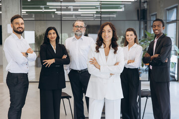 Diverse business team smiling with arms crossed, standing together in modern office, showing...