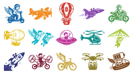 Fototapeta premium Childhood Dreams and Future Transportation Icons: Imagination, Flying Vehicles, and Innovation Line Art
