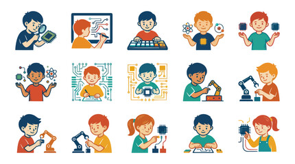 Fototapeta premium Children Engaging in STEM Technology and Robotics Education - Flat Vector Illustration Set
