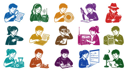 Obraz premium Children Teens Solving Mysteries, Exploring Tech Learning - Colorful Line Art Vector Illustrations