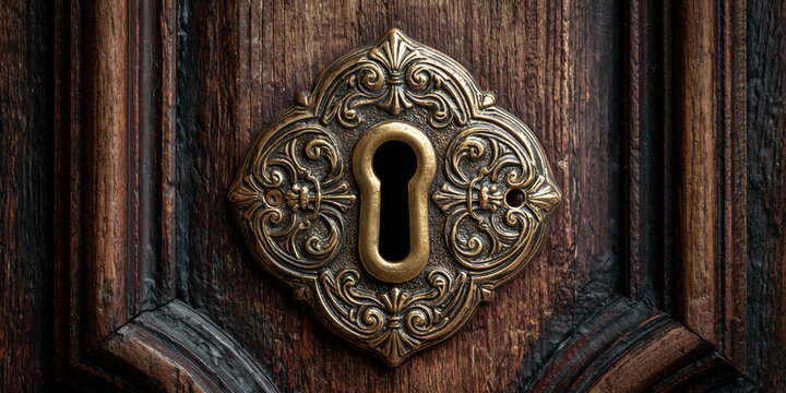 Ornate keyhole on a wooden door