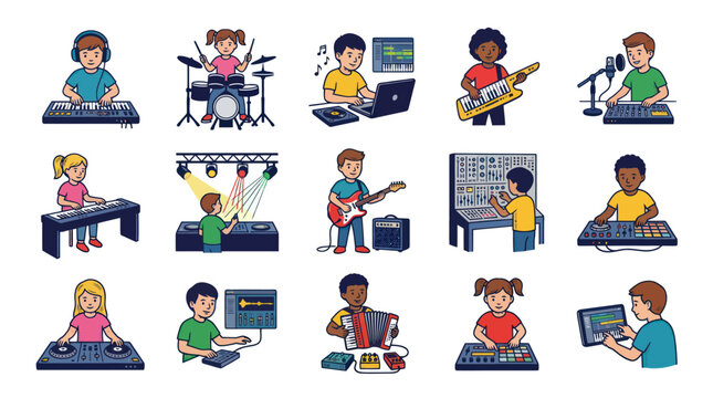 Children Playing Musical Instruments and Learning Music Production. Flat Vector Cartoon Illustration of Young Musicians and DJs.