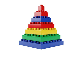Obraz premium precisely constructed pyramid tower of primary colored, glossy interlocking plastic bricks against an immaculate transparent studio background with soft reflections. concept of precision and