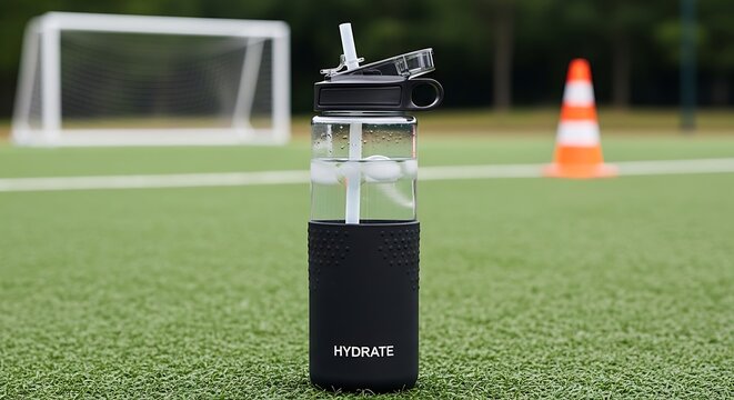 Hydrate Water Bottle Resting on Artificial Grass Sports Field.