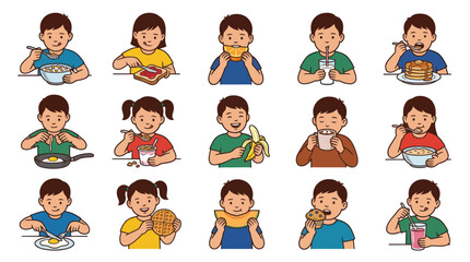 Fototapeta premium Children Eating Various Breakfast Foods - Flat Illustration Vector