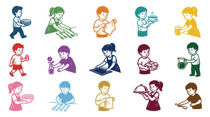 Obraz premium Stylized Line Art Illustration of Children Doing Household Chores - Domestic Life Education Vector Set