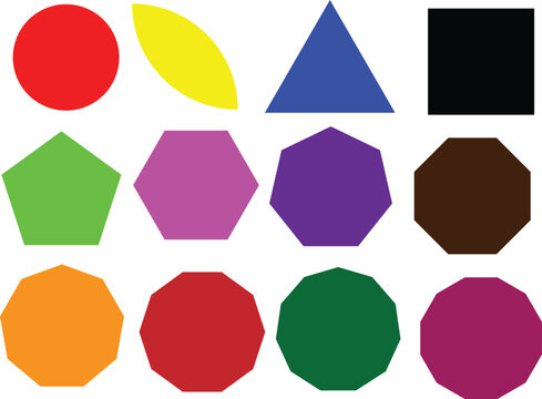Set of colorful basic geometric shapes from circle to dodecagon isolated on white background