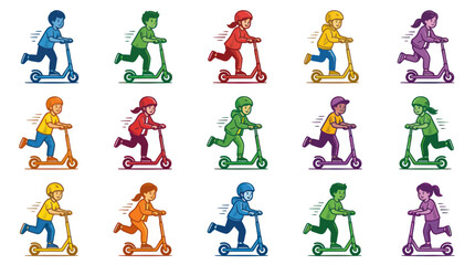 Fototapeta premium Children Riding Scooters Vector Illustration - Kids Transportation Art Style