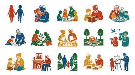Fototapeta premium Family Life Icons: Generations, Activities, and Togetherness, Flat Design