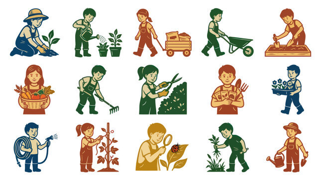 Retro Illustration: Children Gardening, Planting, Watering, Weeding, and Harvesting Plants and Vegetables
