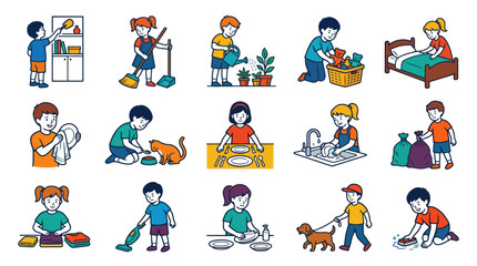 Fototapeta premium Children Doing Chores Vector Icons: Cleaning, Pet Care, Bed Making, Dishes, Plants