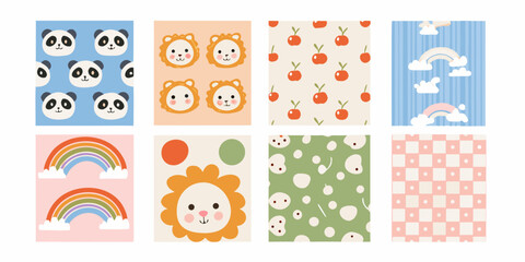 collection of pastel colored nursery wall art patterns on white background panda lion apple rainbow clouds peach © PabanBiswas