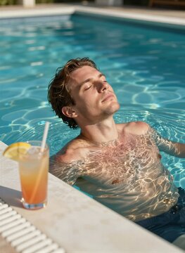 Captures Young Adult Male Relaxing In Outdoor Swimming Pool On To Sunny Day Eyes Closed Suggesting Enjoying Tranquility Of Surroundings Sunbathing Man Short