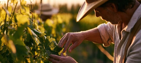 Obraz premium Male farmer examines grapevine leaves in vineyard during sunset, agricultural landscape background