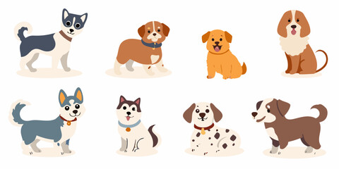 various dog breeds in cute flat vector style on white background dogs puppies canines husky beagle dalmatian © PabanBiswas