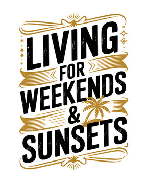 Retro T-Shirt Design celebrating weekends and sunsets with a palm tree motif isolated on transparent background