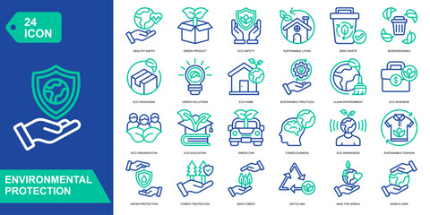 Fototapeta premium Environmental Protection icon collection set. Healthy Earth,Green Product,Eco Safety,Sustainable Living. Line Color Vector Icons