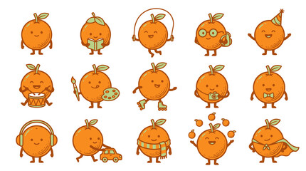 Fototapeta premium Cute Oranges with Happy Faces in Various Activities - Cartoon Vector Illustration