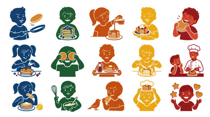 Obraz premium Cheerful Kids and Pancakes Glyph Illustrations: Breakfast Cooking, Eating, and Joyful Moments Vector Set