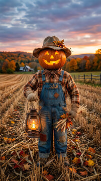 Halloween scarecrow with jack o' lantern head in autumn field
