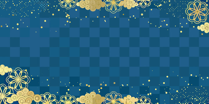 traditional japanese floral pattern on blue checkered background gold flowers clouds ornament design culture heritage art vector