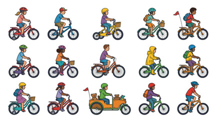 Fototapeta premium Diverse Children Riding Bicycles and Tricycles with Helmets - Cartoon Illustration Set for Kids' Activities