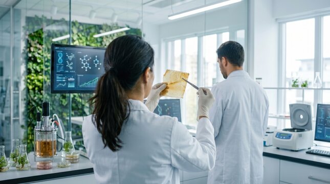 Team of scientists in white coats analyzing biological sample in modern laboratory, female researcher holding specimen with tweezers, biotechnology research