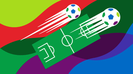 Vibrant illustration of soccer balls flying over a colorful graphic soccer field with abstract shapes. © Fendi
