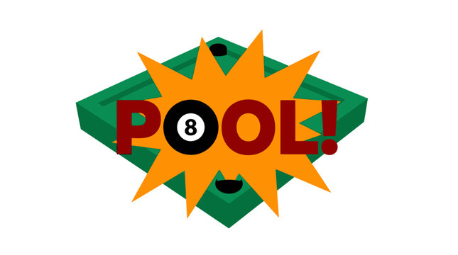 A colorful illustration of a pool game logo with a green table and vibrant orange starburst.