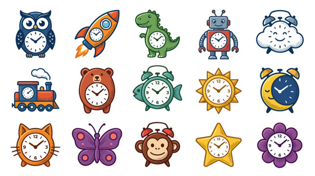 Cute cartoon alarm clocks with various objects for kids, flat design