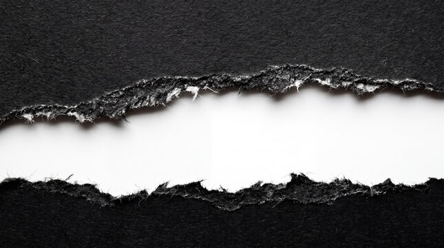 Dark grey textured paper with horizontal ripped tear exposing white surface. Abstract grunge background texture for graphic design projects and layouts.