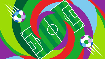 Vibrant Soccer Field Illustration with Swirling Colors and Balls in Motion © Fendi